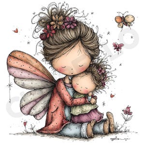 以下が含まれることがあります： 母親と子供が抱き合っている気まぐれなイラスト。花と妖精の羽で飾られた母親は、ピンクのコートを着ています。子供は緑のドレスとピンクのスカートを着ています。蝶とハートがペアの周りを漂い、心温まるシーンを作り出しています。