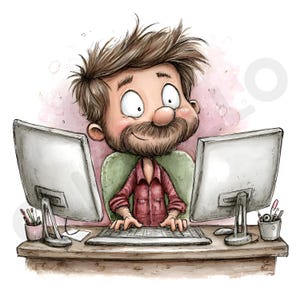 20 clipart di programmatori maschi esperti, grafica di programmazione per laptop, PNG di alta qualità, lavori di carta, diario creativo, acquerelli stampabili