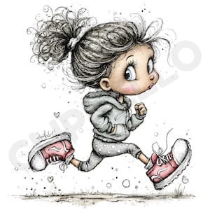 May include: A whimsical illustration of a running girl with curly hair in a ponytail. She wears a gray hoodie, polka-dot pants, and pink sneakers. The artwork has a hand-drawn style with a light color palette and a few hearts.
