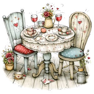 Puede incluir: Una mesa de comedor redonda con un mantel blanco de lunares rojos, servida con dos copas de vino, dos tazas de té y un florero central. Dos sillas de madera con motivos de corazones y flores acompañan la mesa, junto a macetas adicionales.