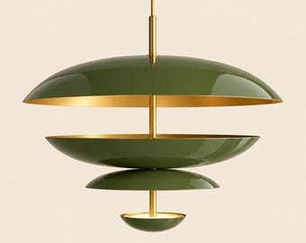 Inspired by iconic 1950s Mid-Century Modern design Olive Green Pendant Light Layered Brass Chandelier