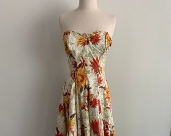 Fabulous 50s strapless cotton sunflower print dress-XS