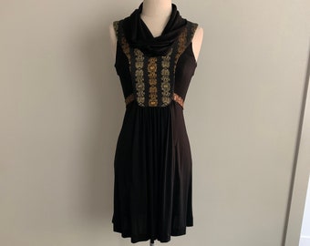 Balenciaga.Paris Black sleeveless knit cowl neck mini dress with brocade bib front-Size XS (38)