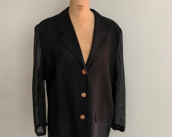 Louis Feraud Black Linen Blazer with Mesh Sleeves-Size M/L (14)
