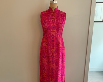 Bijou Fashions Fuchsia print silk ls cheongsam dress-Size M