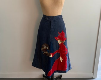 70s denim skirt with incredible appliqués-size L