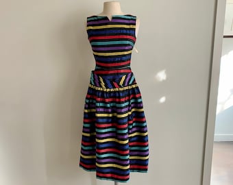 1960s Taffeta rainbow striped drop waist dress-size S