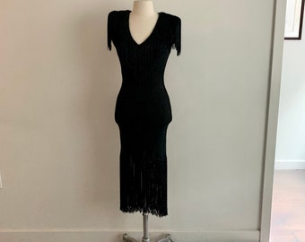 Amazing Climax-David Howard & Karen Okada black knit fringed disco dress-size 6/8