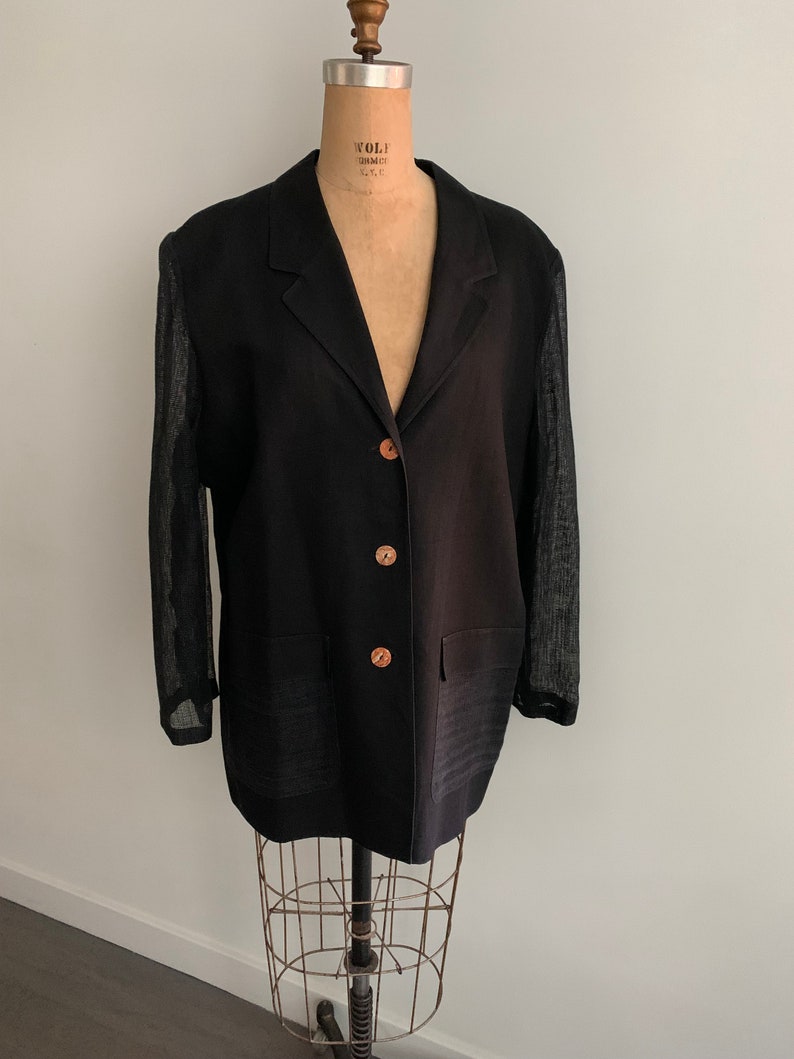 Louis Feraud Black Linen Blazer with Mesh Sleeves-Size M/L 14 image 1
