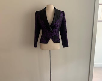Nina Ricci vintage 1980s purple Mylar with black suede trim evening jacket-size 38-Made in Italy