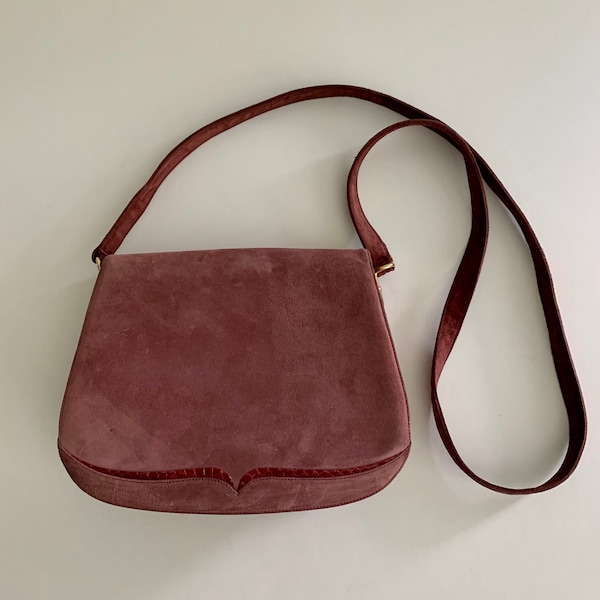 Bally crossbody dusty rose suede flap bag w/snake detail