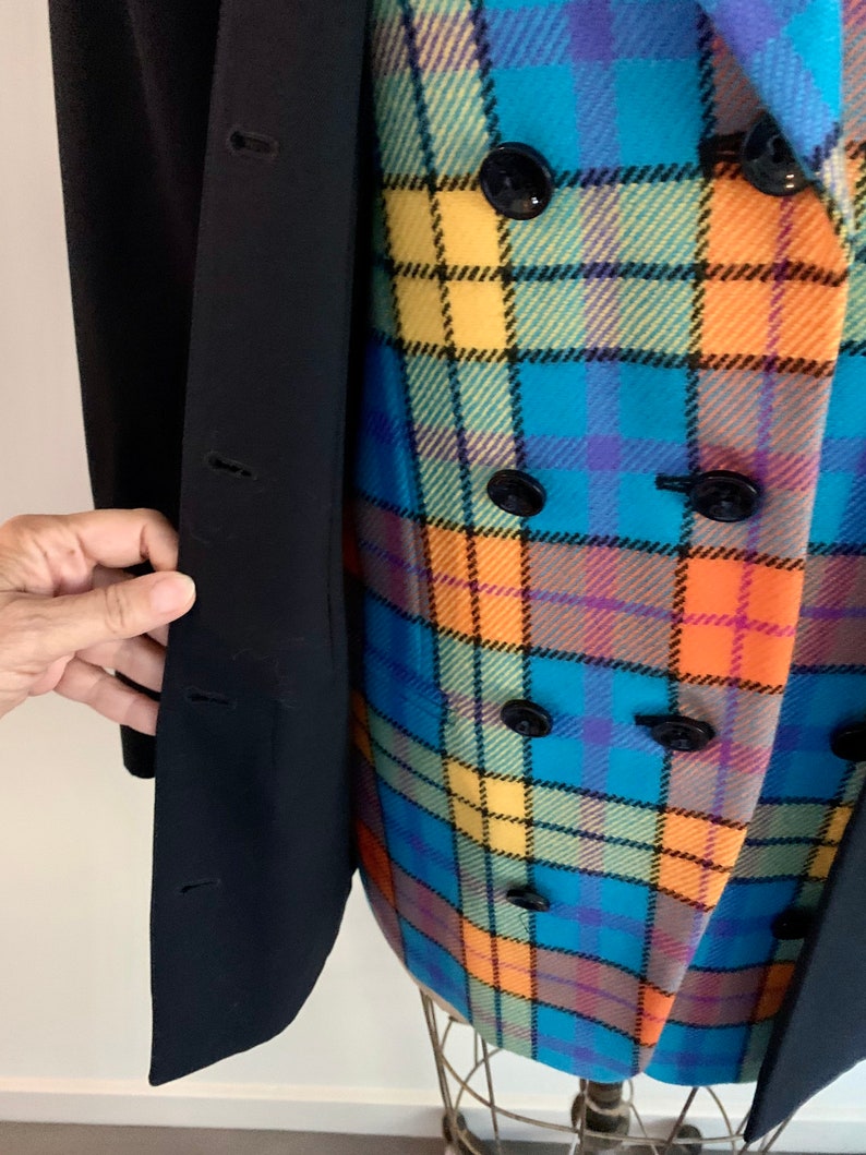 Escada by Margaretha Ley vintage 90s bright plaid and black unusual double front wool blazer-size M/L marked 34 image 7