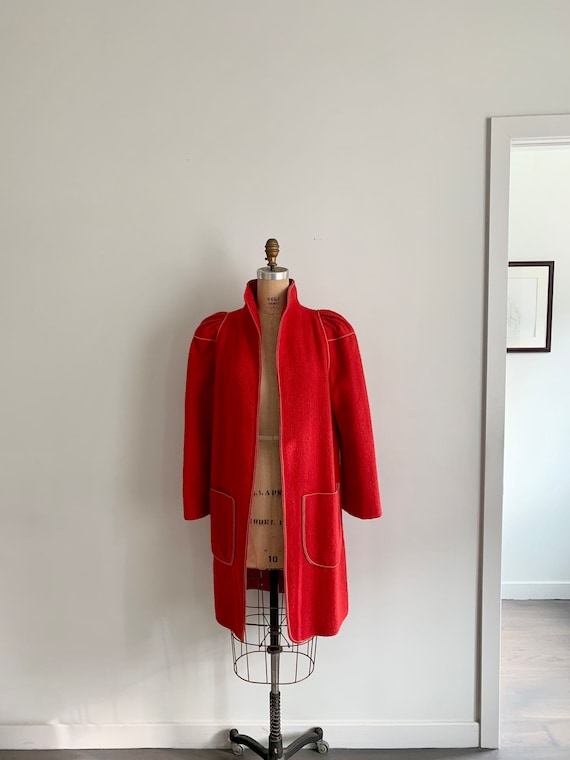 Mrs H Winter red wool coat with signature marrowed
