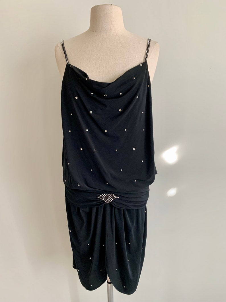 1980s flapper inspired black poly rhinestone cocktail dress-size M image 2