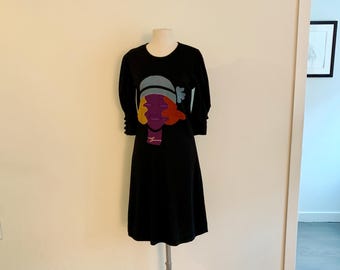 1970s Fasion Club Düsseldorf Black wool knit appliqué dress-size M (44)