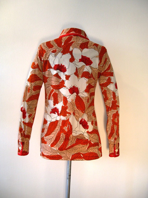 1970's Vera Rust/Beige Floral Nylon Blouse-Size M - image 3