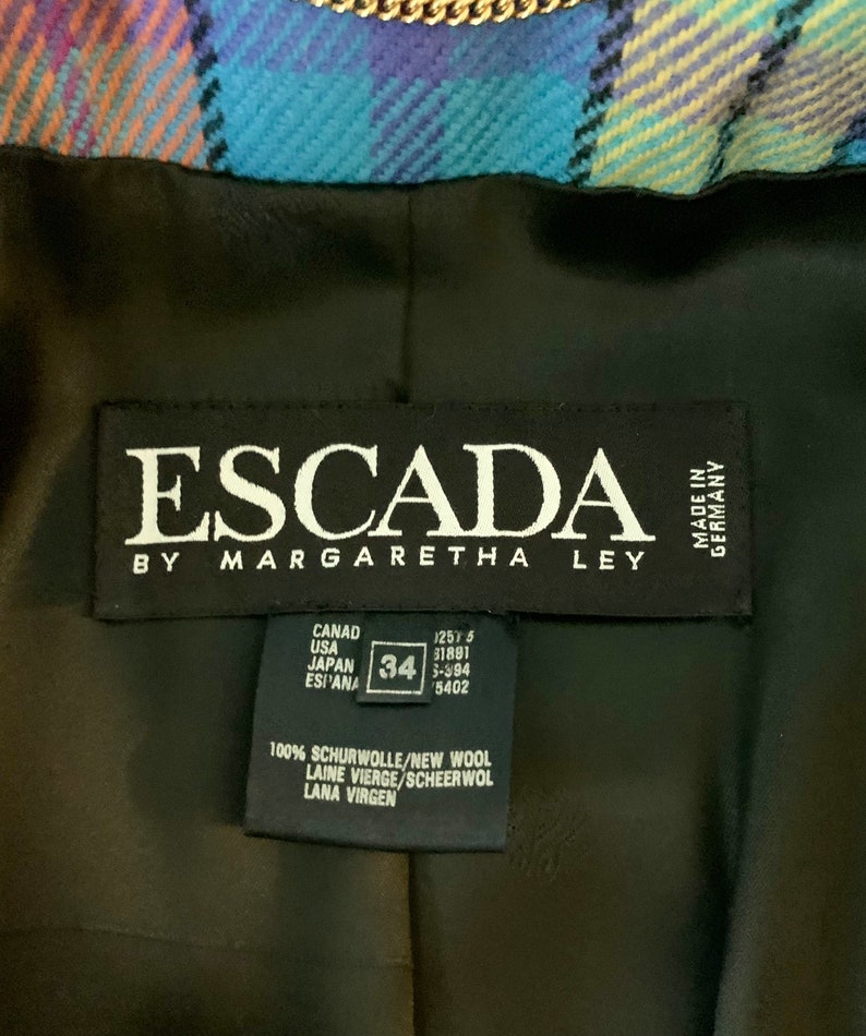 Escada by Margaretha Ley vintage 90s bright plaid and black unusual double front wool blazer-size M/L marked 34 image 9