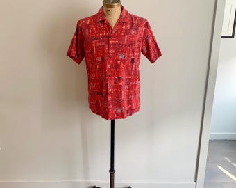 Waikiki Sports made in Honolulu 100% Cotton 50s-60s Red fish print Hawaiian shirt.