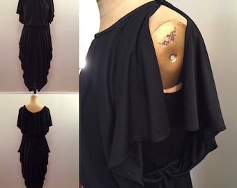 80s black nylon jersey draped dress