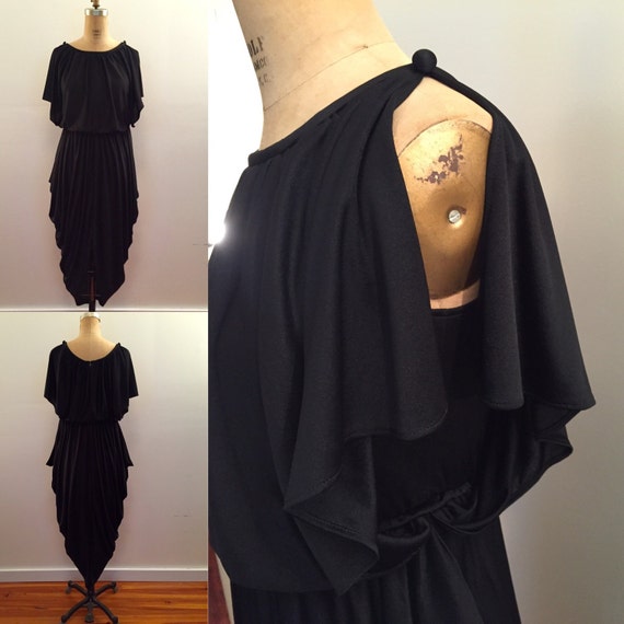 80s black nylon jersey draped dress
