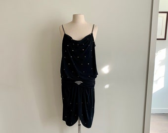 1980s flapper inspired black poly rhinestone cocktail dress-size M