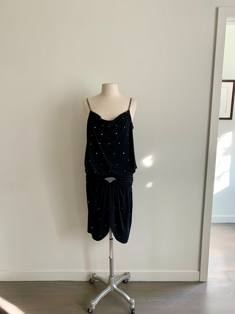 1980s flapper inspired black poly rhinestone cocktail dress-size M image 1