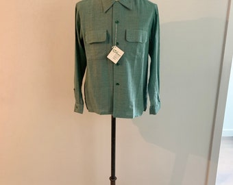 Fleetline Celanese 1950s acetate dead stock green mens ls shirt-Size M