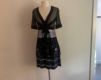 Cacharel Y2K Black silk chiffon ss dress with sequins and palliettes on tiered skirt-Size S/M