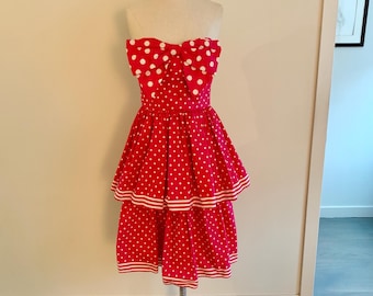 Victor Costa 80’s  strapless cotton fuschia polka dot party dress-S/M