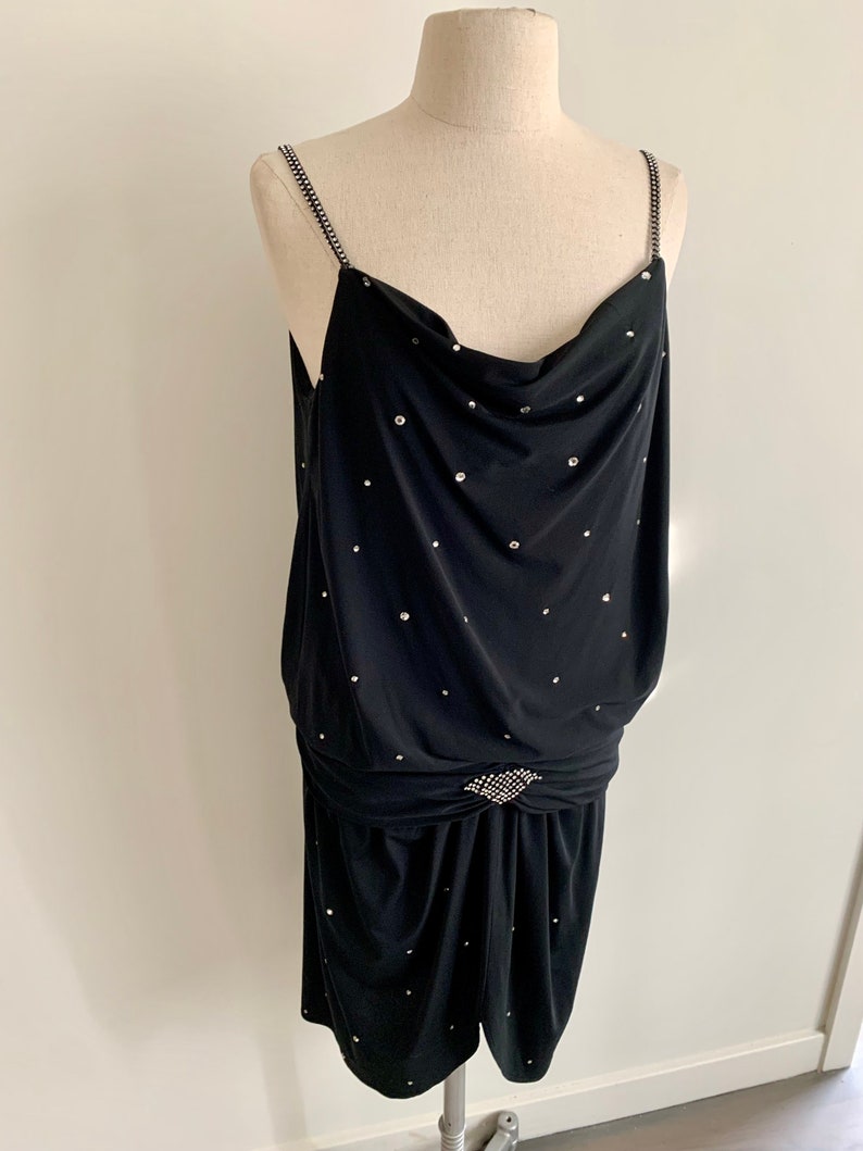 1980s flapper inspired black poly rhinestone cocktail dress-size M image 3