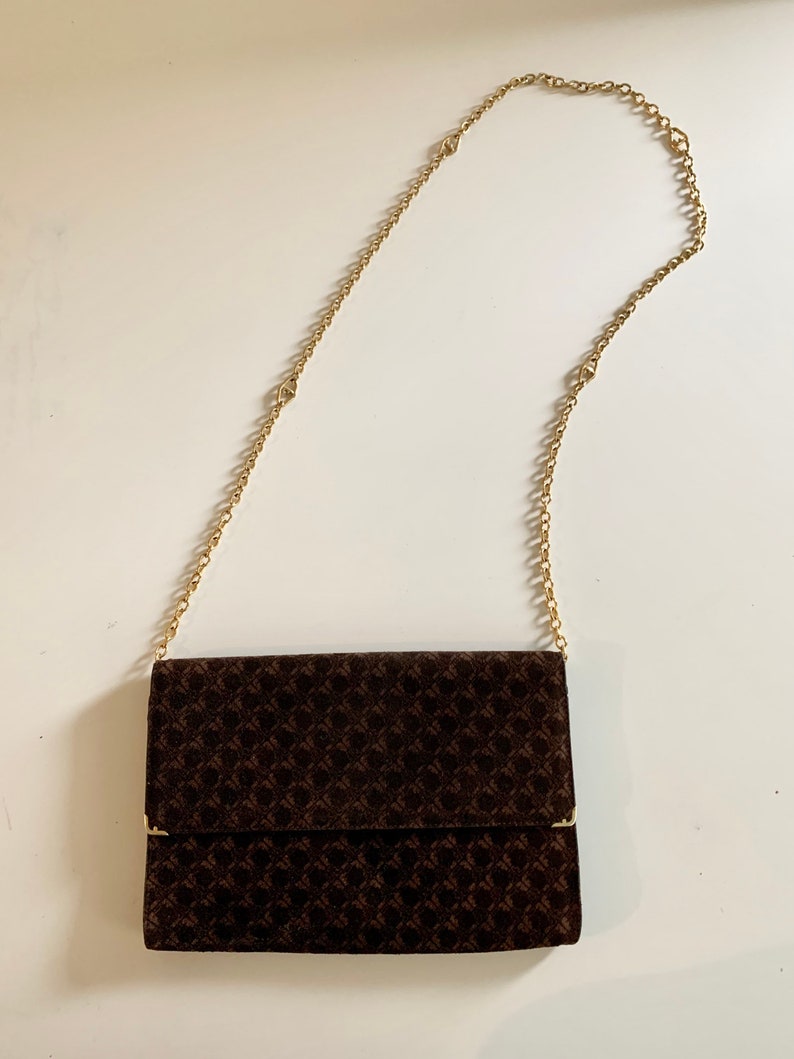 Ferragamo brown suede logo envelope bag with gold shoulder strap. image 4