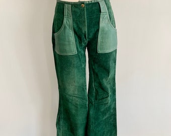 Vintage 1970s green suede and leather hipster flares-size 7