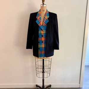 Escada by Margaretha Ley vintage 90s bright plaid and black unusual double front wool blazer-size M/L marked 34 image 3