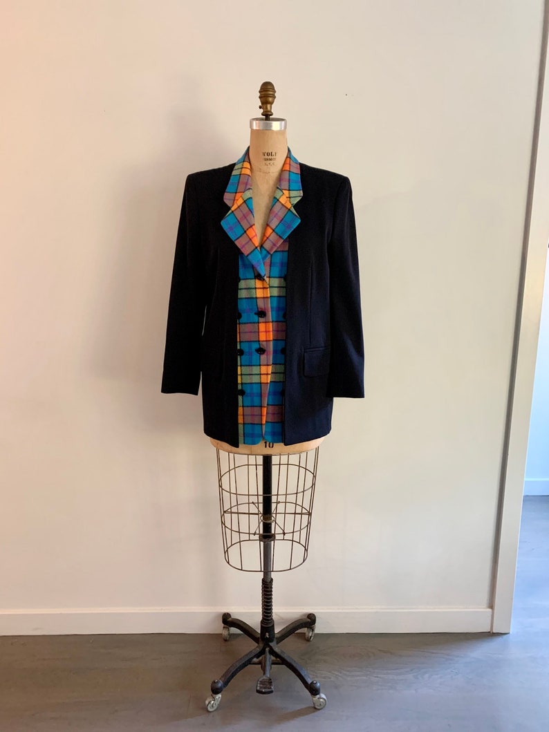 Escada by Margaretha Ley vintage 90s bright plaid and black unusual double front wool blazer-size M/L marked 34 image 3