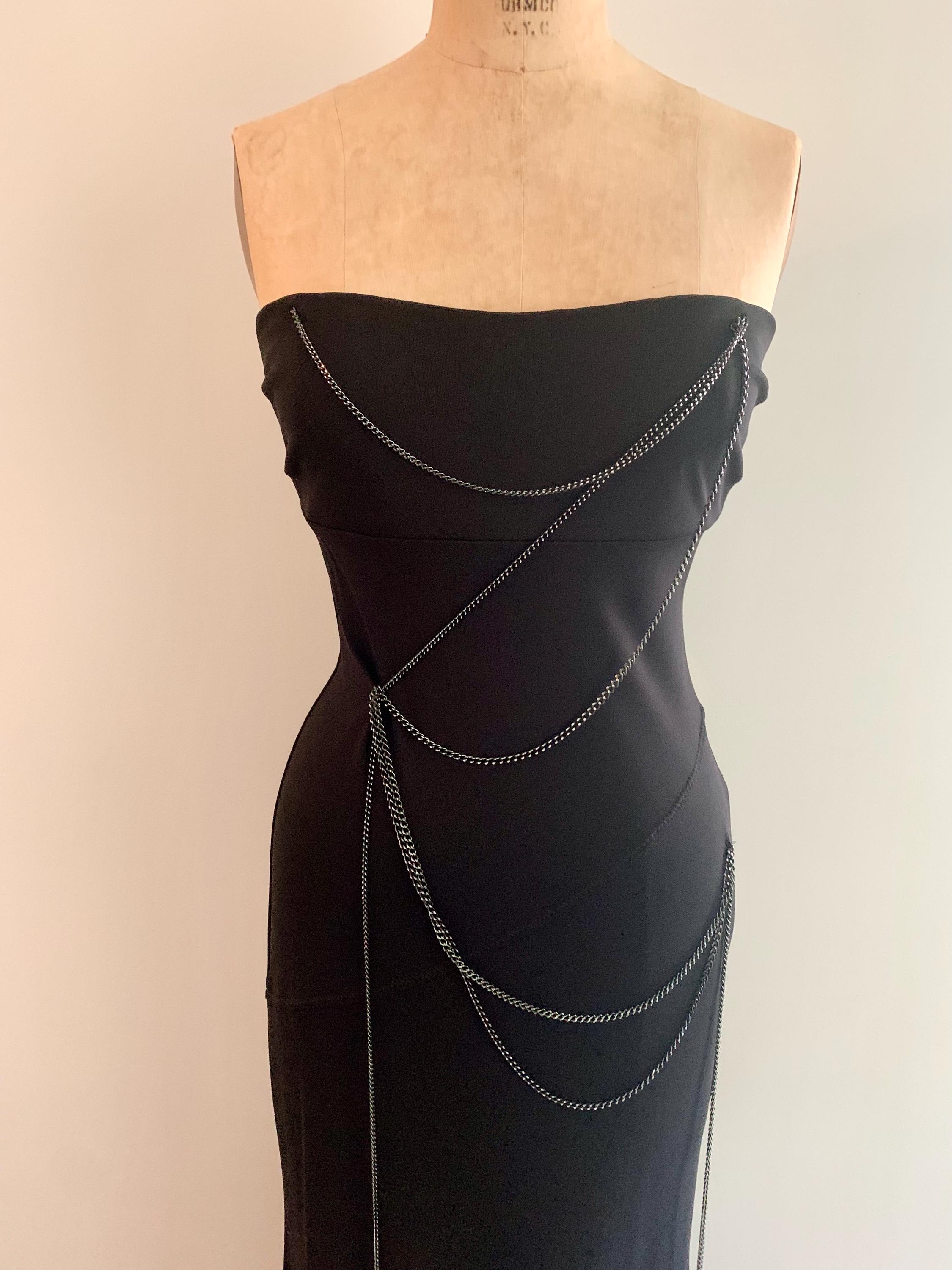Nicole Miller NY Black long strapless evening dress with chain detail-size S/M (marked 10)