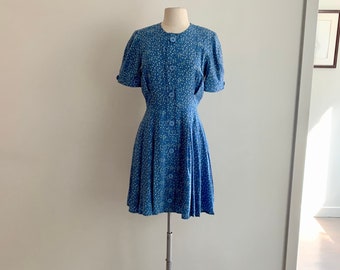 1980s vintage Albert Nipon ss blue print silk dress-size S