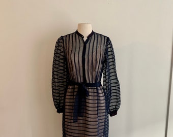 1950s sheer striped navy blue vintage dress-size S/M