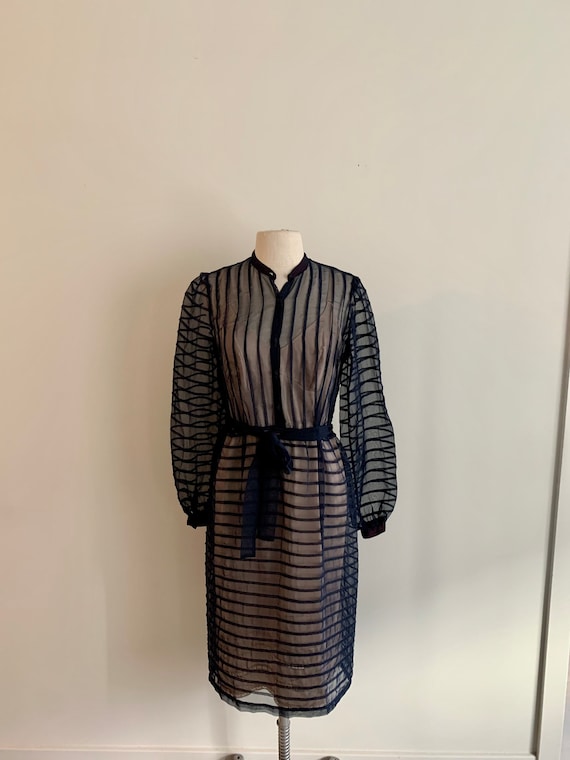 1950s sheer striped navy blue vintage dress-size S