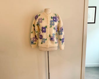 Handmade vintage floral heavy mohair cardigan-size M