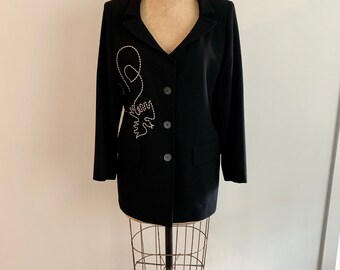 Laurel by Escada black wool blazer with soutash bird and writing. Size M (44)