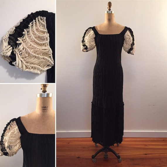 Ana Colon vintage black pleated gown with macrame