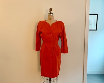 Vintage Thierry Mugler 1980s orange cotton snap front dress-size 42 (M)