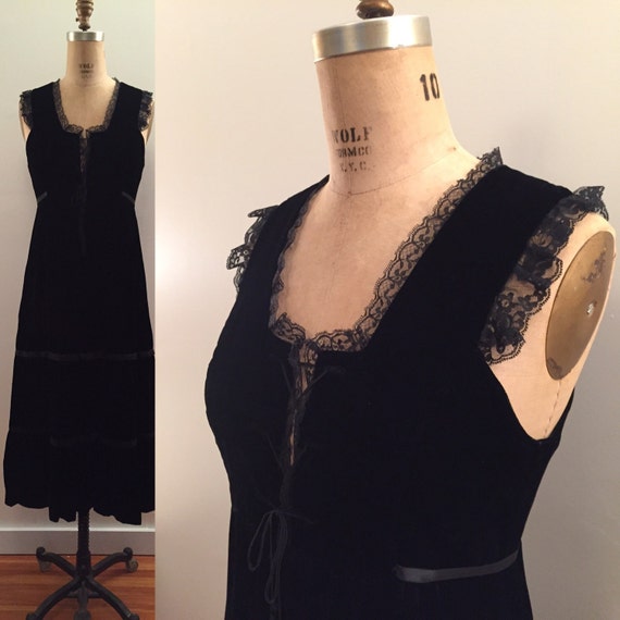 1970s Black Velvet bustier top maxi dress