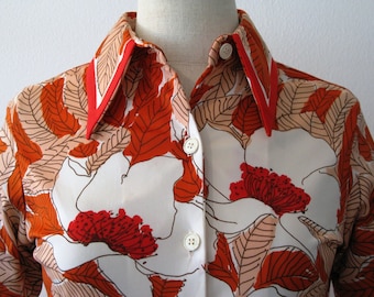 1970's Vera Rust/Beige Floral Nylon Blouse-Size M