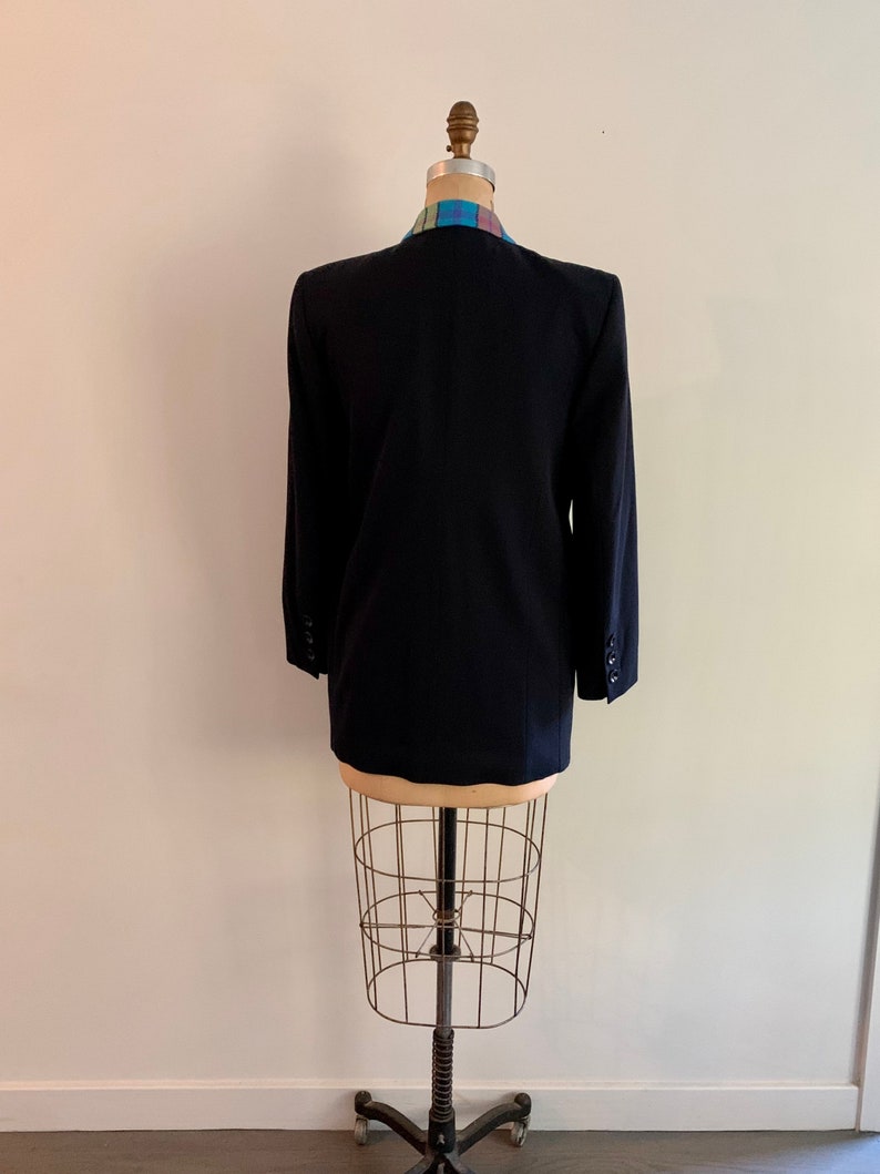 Escada by Margaretha Ley vintage 90s bright plaid and black unusual double front wool blazer-size M/L marked 34 image 6