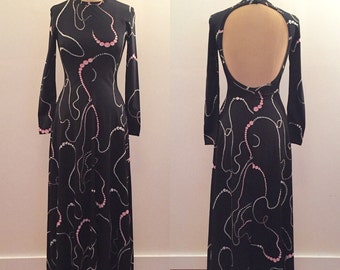 Clovis Ruffin Ruffinwear 70s black jersey bead print dress with cut out back