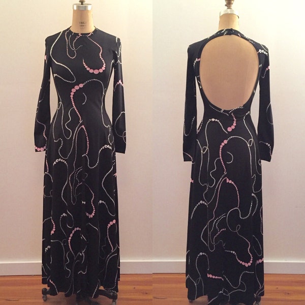 Clovis Ruffin Ruffinwear 70s black jersey bead print dress with cut out back