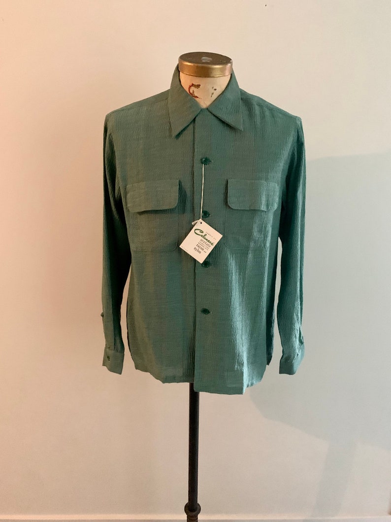 Fleetline Celanese 1950s acetate dead stock green mens ls shirt-Size M image 2