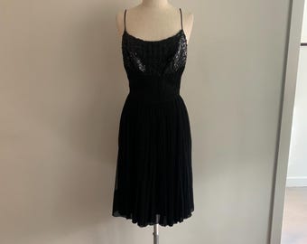 1950s Minx Modes authentic vintage black sequin & chiffon cocktail swing skirt dress-size S