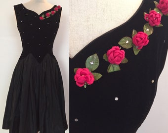 Lovely velvet and tafetta evening dress with pretty rose and rhinstone detail